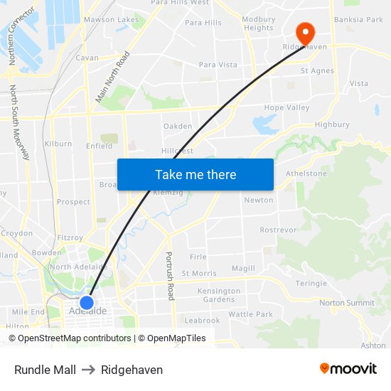 Rundle Mall to Ridgehaven map