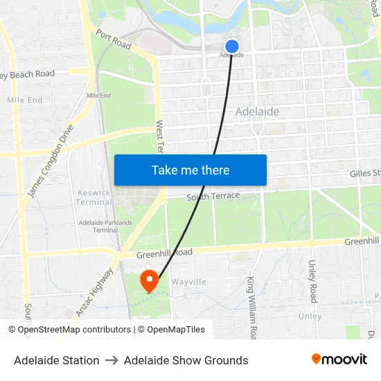 Adelaide Station to Adelaide Show Grounds map