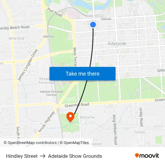 Hindley Street to Adelaide Show Grounds map