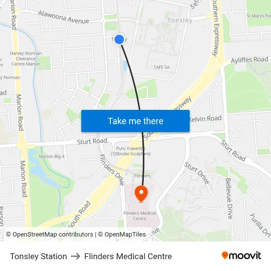 Tonsley Station to Flinders Medical Centre map