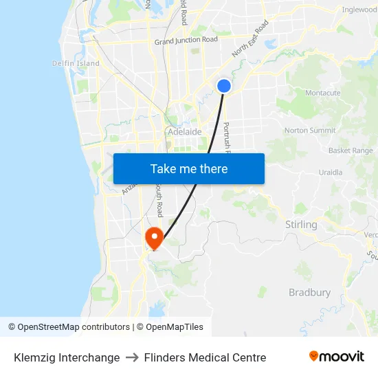 Klemzig Interchange to Flinders Medical Centre map