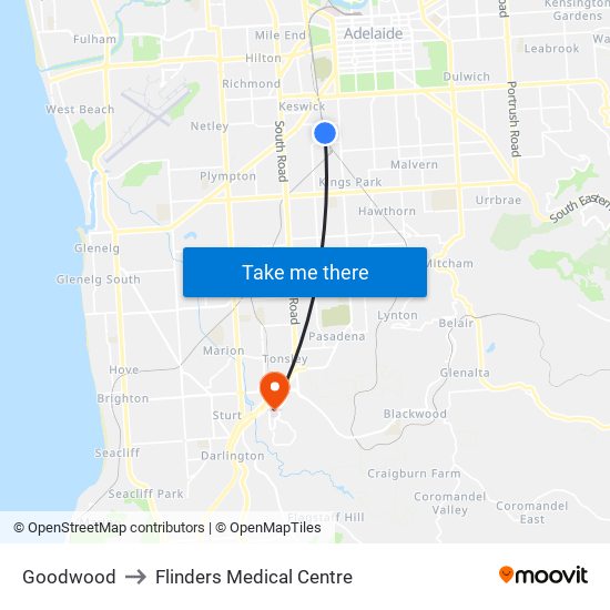 Goodwood to Flinders Medical Centre map