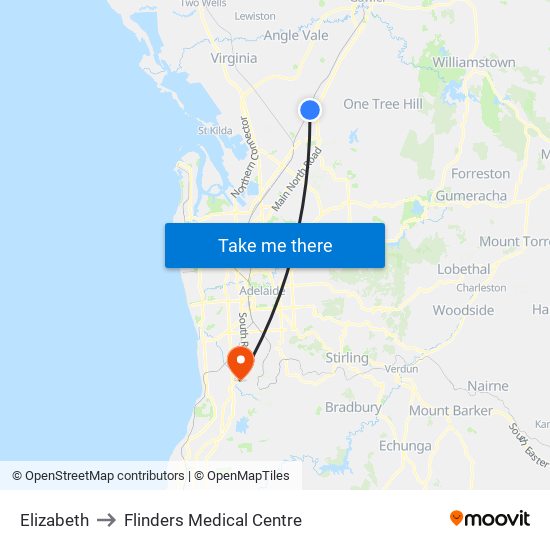 Elizabeth to Flinders Medical Centre map