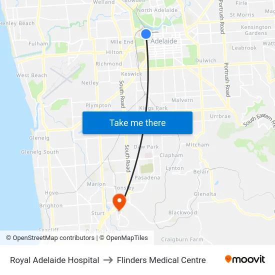 Royal Adelaide Hospital to Flinders Medical Centre map