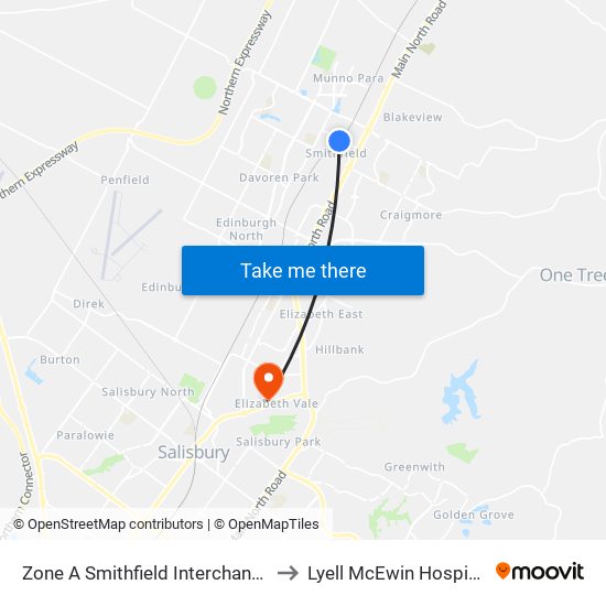 Zone A Smithfield Interchange to Lyell McEwin Hospital map