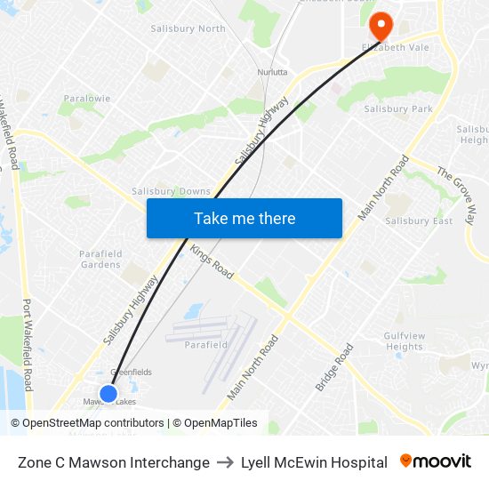 Zone C Mawson Interchange to Lyell McEwin Hospital map