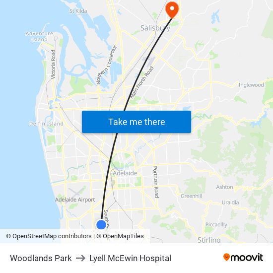 Woodlands Park to Lyell McEwin Hospital map