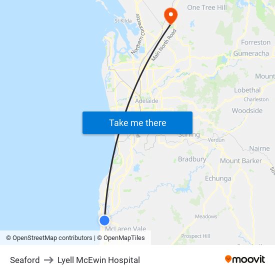 Seaford to Lyell McEwin Hospital map