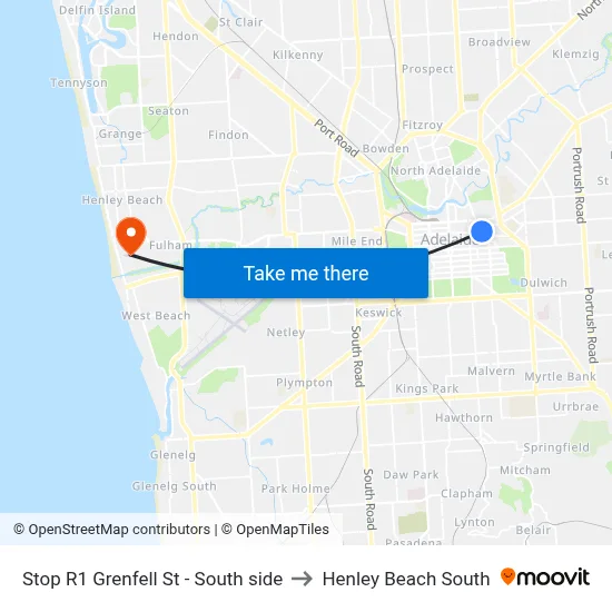 Stop R1 Grenfell St - South side to Henley Beach South map