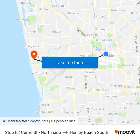 Stop E2 Currie St - North side to Henley Beach South map