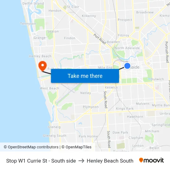 Stop W1 Currie St - South side to Henley Beach South map