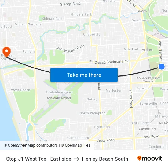 Stop J1 West Tce - East side to Henley Beach South map