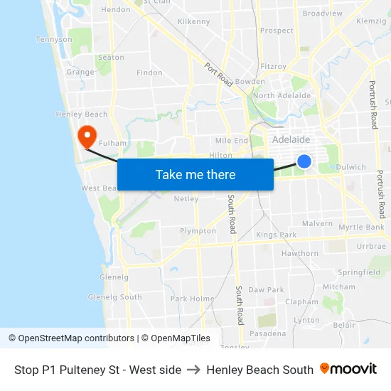 Stop P1 Pulteney St - West side to Henley Beach South map