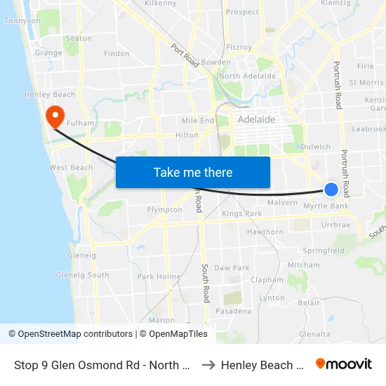 Stop 9 Glen Osmond Rd - North East side to Henley Beach South map
