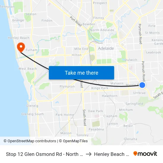 Stop 12 Glen Osmond Rd - North East side to Henley Beach South map