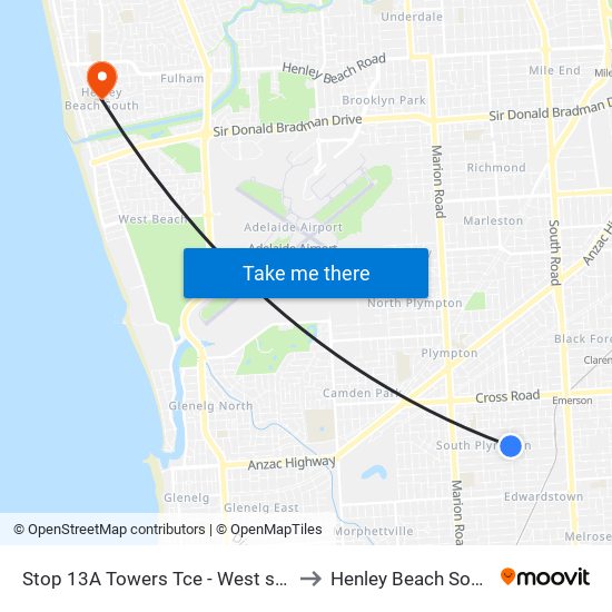 Stop 13A Towers Tce - West side to Henley Beach South map