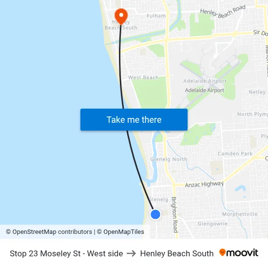 Stop 23 Moseley St - West side to Henley Beach South map