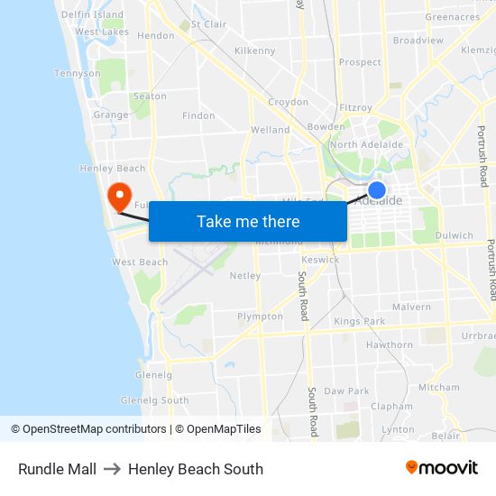 Rundle Mall to Henley Beach South map