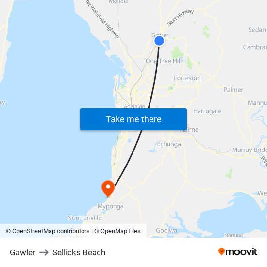 Gawler to Sellicks Beach map