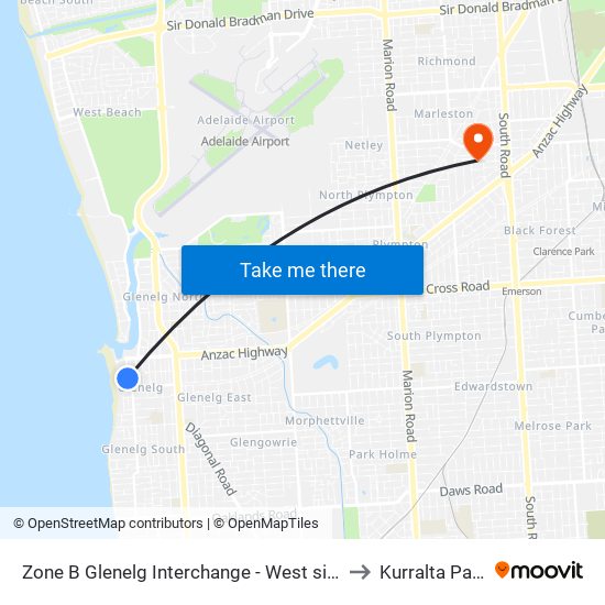 Zone B Glenelg Interchange - West side to Kurralta Park map