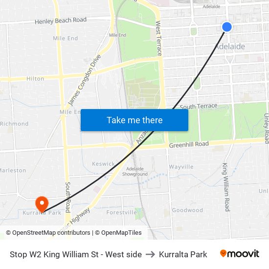 Stop W2 King William St - West side to Kurralta Park map