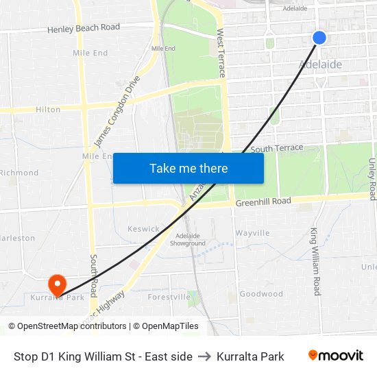 Stop D1 King William St - East side to Kurralta Park map