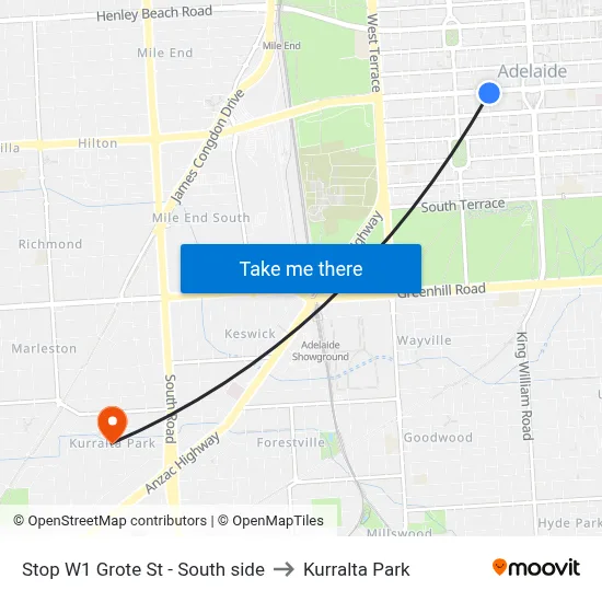 Stop W1 Grote St - South side to Kurralta Park map