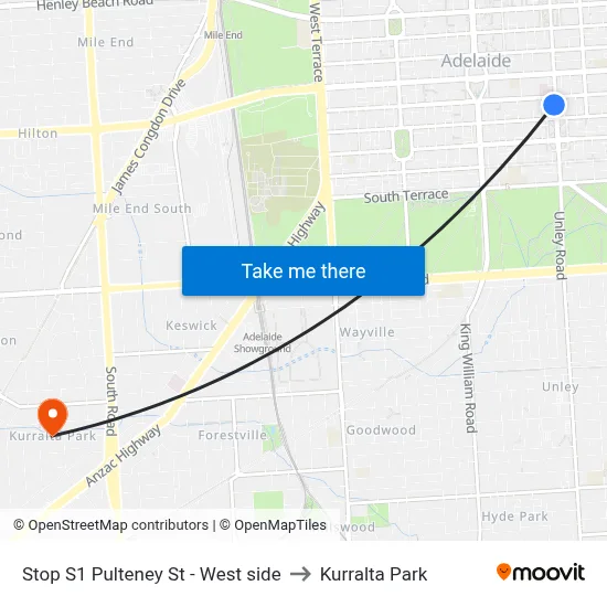 Stop S1 Pulteney St - West side to Kurralta Park map