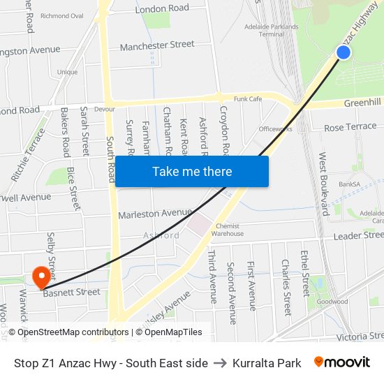 Stop Z1 Anzac Hwy - South East side to Kurralta Park map