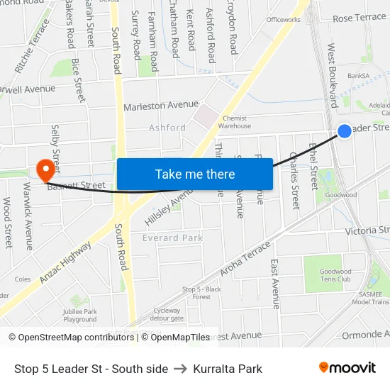 Stop 5 Leader St - South side to Kurralta Park map