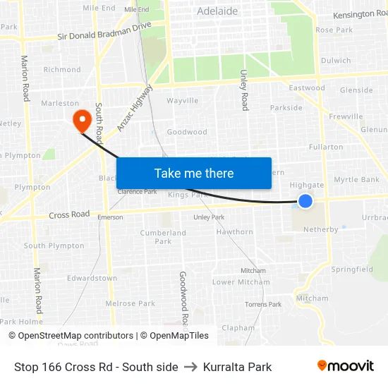 Stop 166 Cross Rd - South side to Kurralta Park map