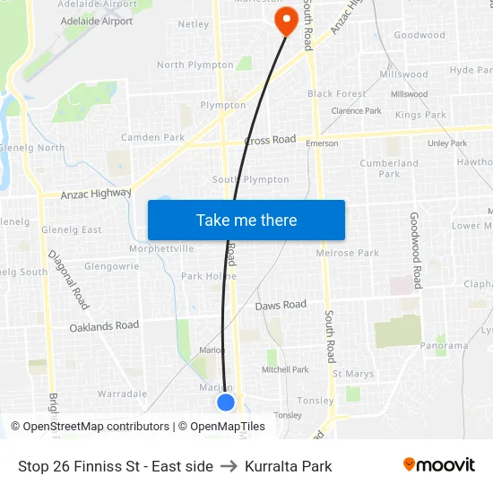 Stop 26 Finniss St - East side to Kurralta Park map