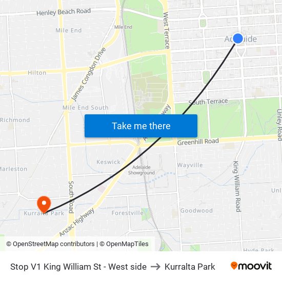 Stop V1 King William St - West side to Kurralta Park map