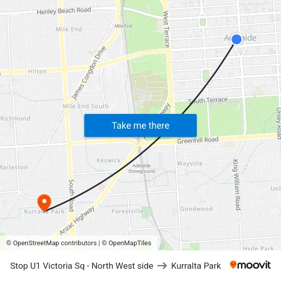 Stop U1 Victoria Sq - North West side to Kurralta Park map