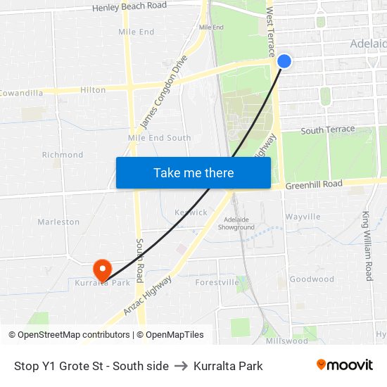 Stop Y1 Grote St - South side to Kurralta Park map