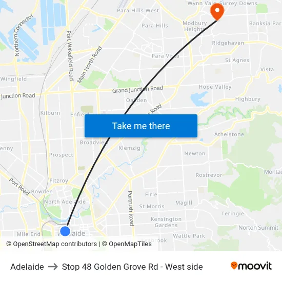 Adelaide to Stop 48 Golden Grove Rd - West side map