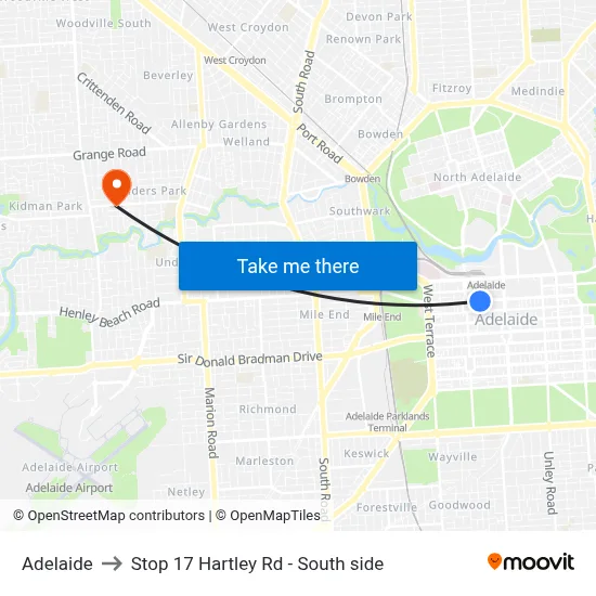 Adelaide to Stop 17 Hartley Rd - South side map