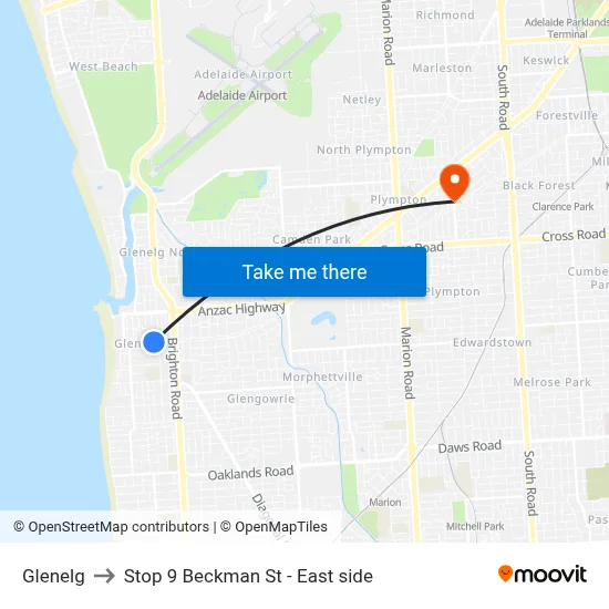 Glenelg to Stop 9 Beckman St - East side map