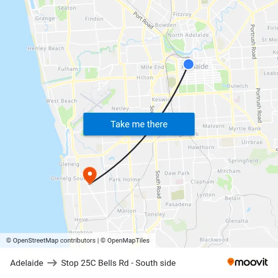 Adelaide to Stop 25C Bells Rd - South side map