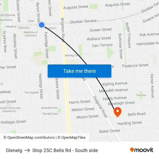 Glenelg to Stop 25C Bells Rd - South side map