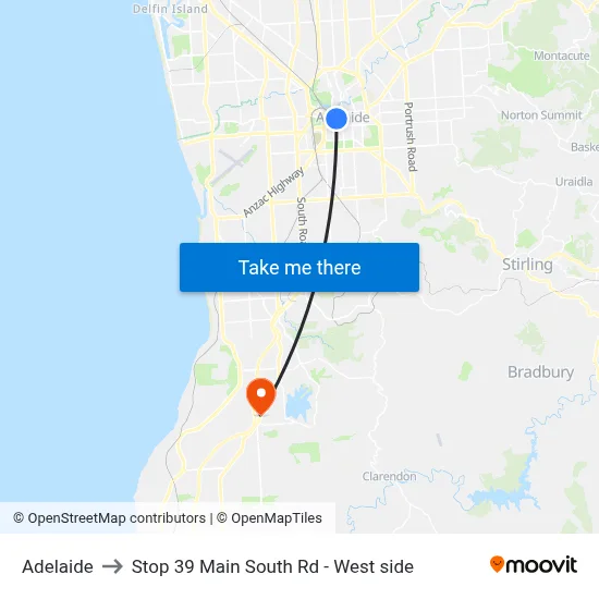 Adelaide to Stop 39 Main South Rd - West side map