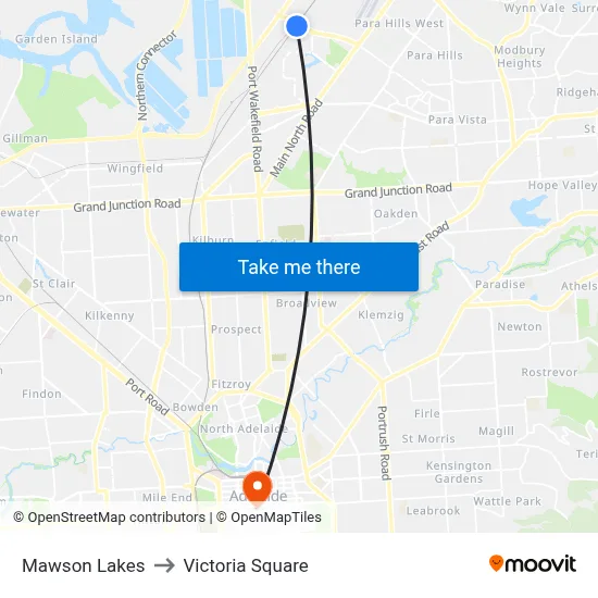 Mawson Lakes to Victoria Square map