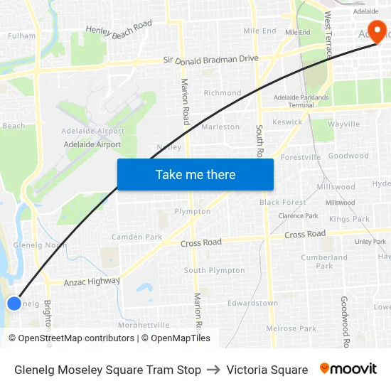 Glenelg Moseley Square Tram Stop to Victoria Square map