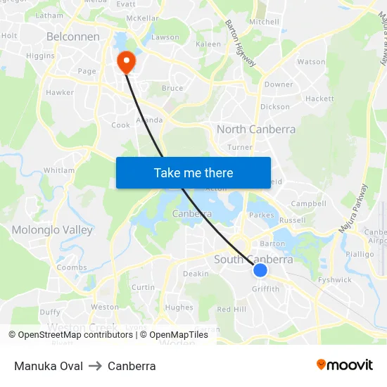 Manuka Oval to Canberra map