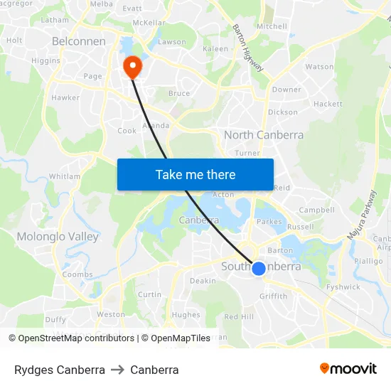 Rydges Canberra to Canberra map