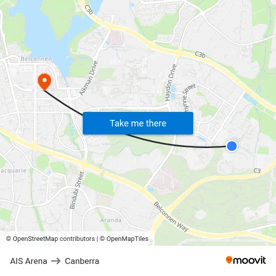 AIS Arena to Canberra map