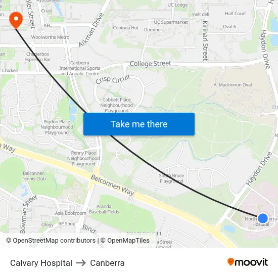 Calvary Hospital to Canberra map