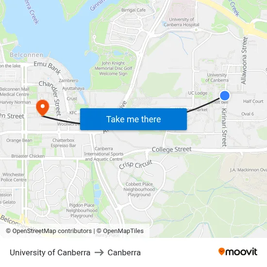 University of Canberra to Canberra map