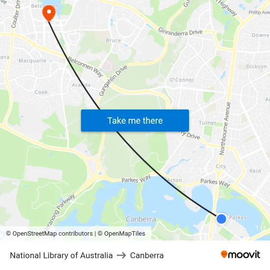 National Library of Australia to Canberra map