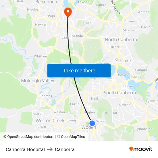 Canberra Hospital to Canberra map